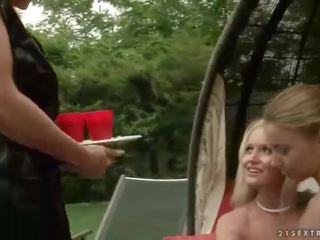 Two girlfriends punishing inviting blonde