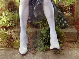 White Stockings and Satin Panties in the Garden: HD dirty clip 7d