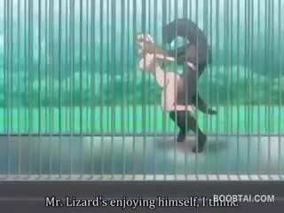 Rondborstig anime damsel kut genageld hard door monster bij de zoo